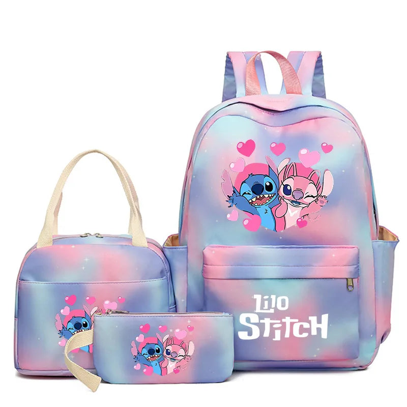 3Pcs Disney Lilo Stitch Colorful Backpack Set for Women Casual School Bags with Lunch Bag Girl Boy Student Teenager Rucksack