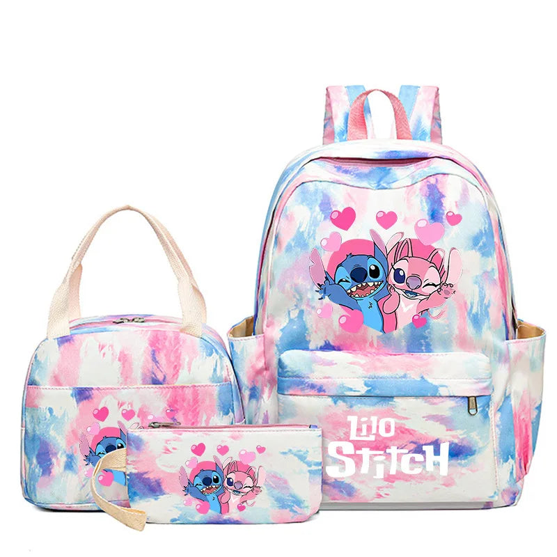 3Pcs Disney Lilo Stitch Colorful Backpack Set for Women Casual School Bags with Lunch Bag Girl Boy Student Teenager Rucksack